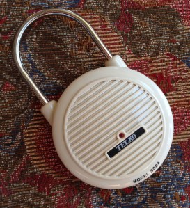 Doorknob motion sensor alarm. It's ridiculously loud.